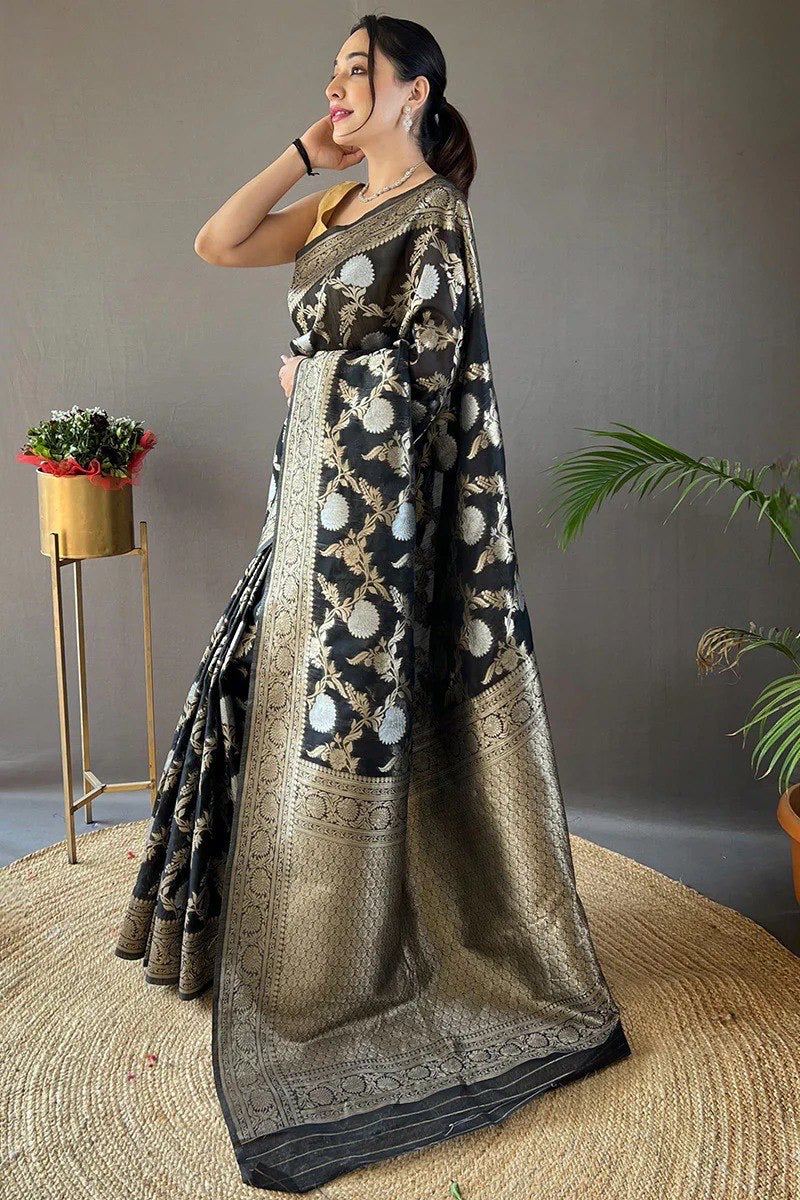 Classic Banarasi Silk Saree with Zari Floral Brocade and Ornate Border