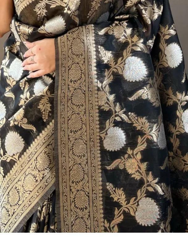 Classic Banarasi Silk Saree with Zari Floral Brocade and Ornate Border