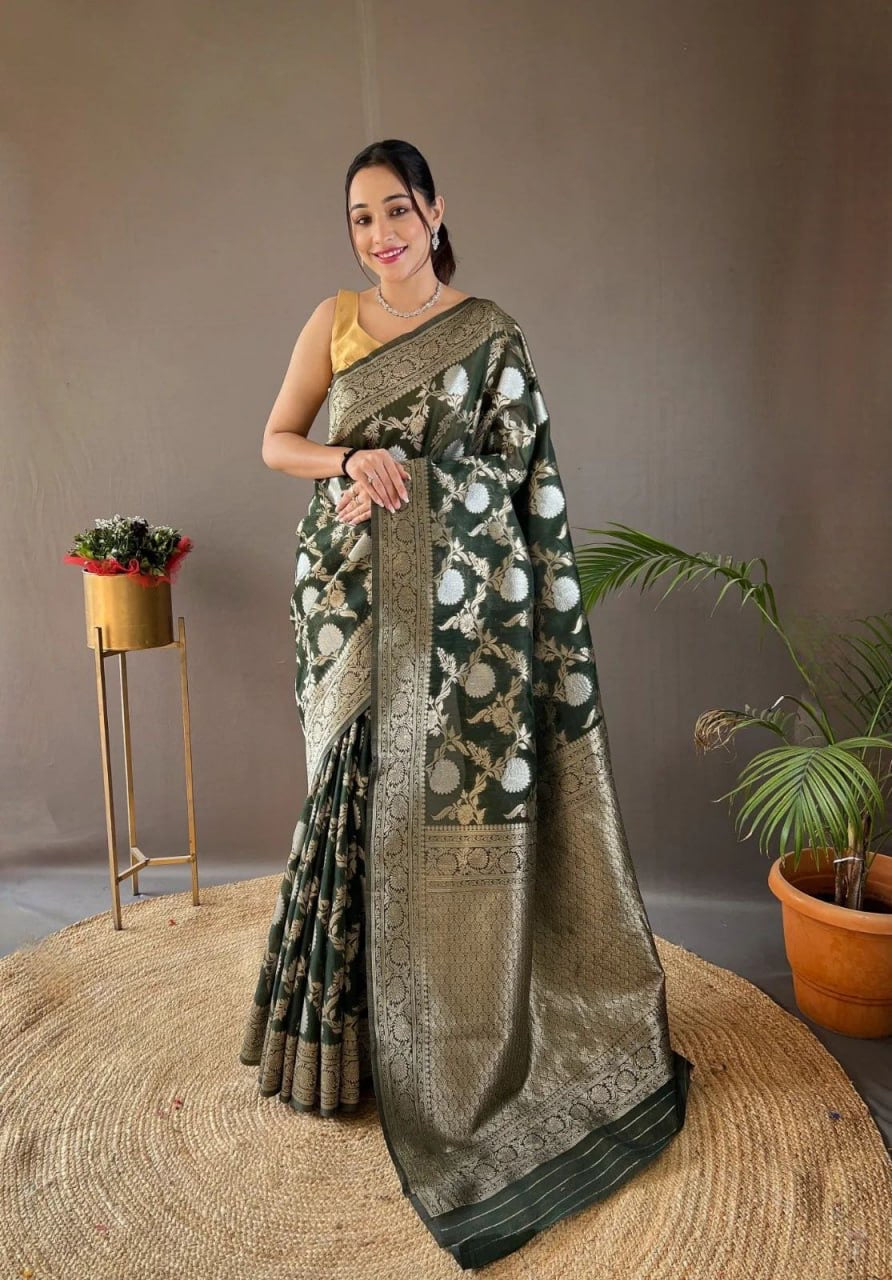 Classic Banarasi Silk Saree with Zari Floral Brocade and Ornate Border