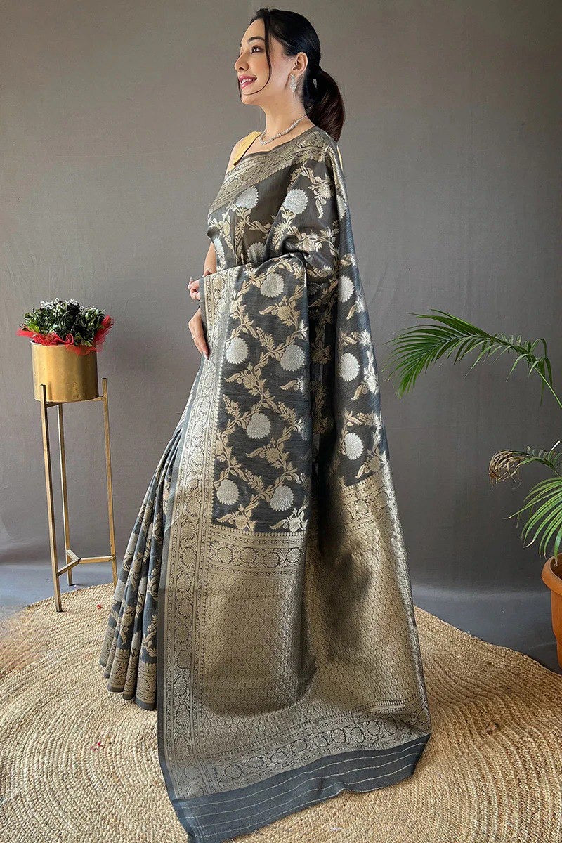 Classic Banarasi Silk Saree with Zari Floral Brocade and Ornate Border