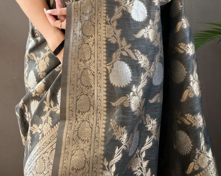 Classic Banarasi Silk Saree with Zari Floral Brocade and Ornate Border