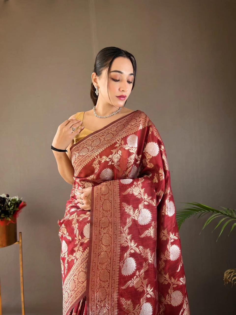 Classic Banarasi Silk Saree with Zari Floral Brocade and Ornate Border
