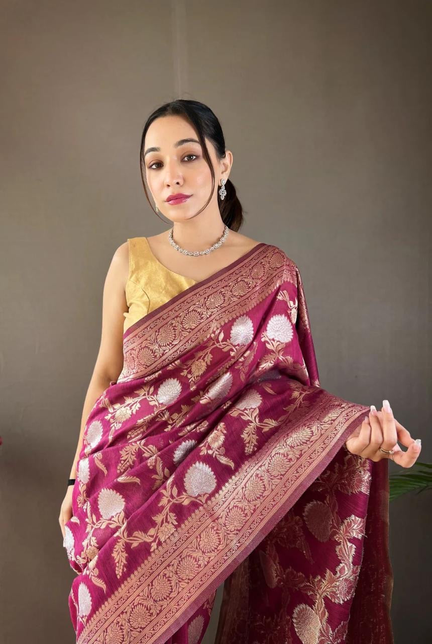Classic Banarasi Silk Saree with Zari Floral Brocade and Ornate Border