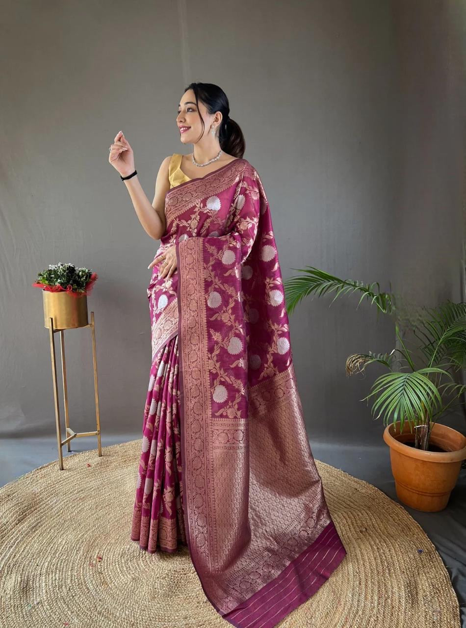 Classic Banarasi Silk Saree with Zari Floral Brocade and Ornate Border