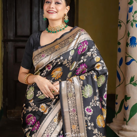 Elegant Black Banarasi Silk Saree with Zari & Floral Weaves
