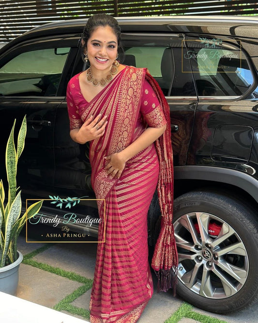Wine Red Banarasi Silk Saree with Golden Floral Zari Work
