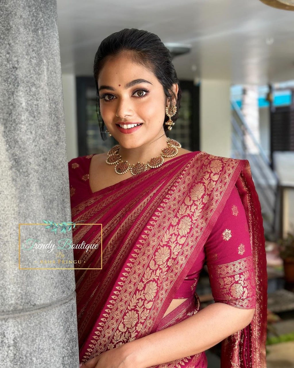Wine Red Banarasi Silk Saree with Golden Floral Zari Work
