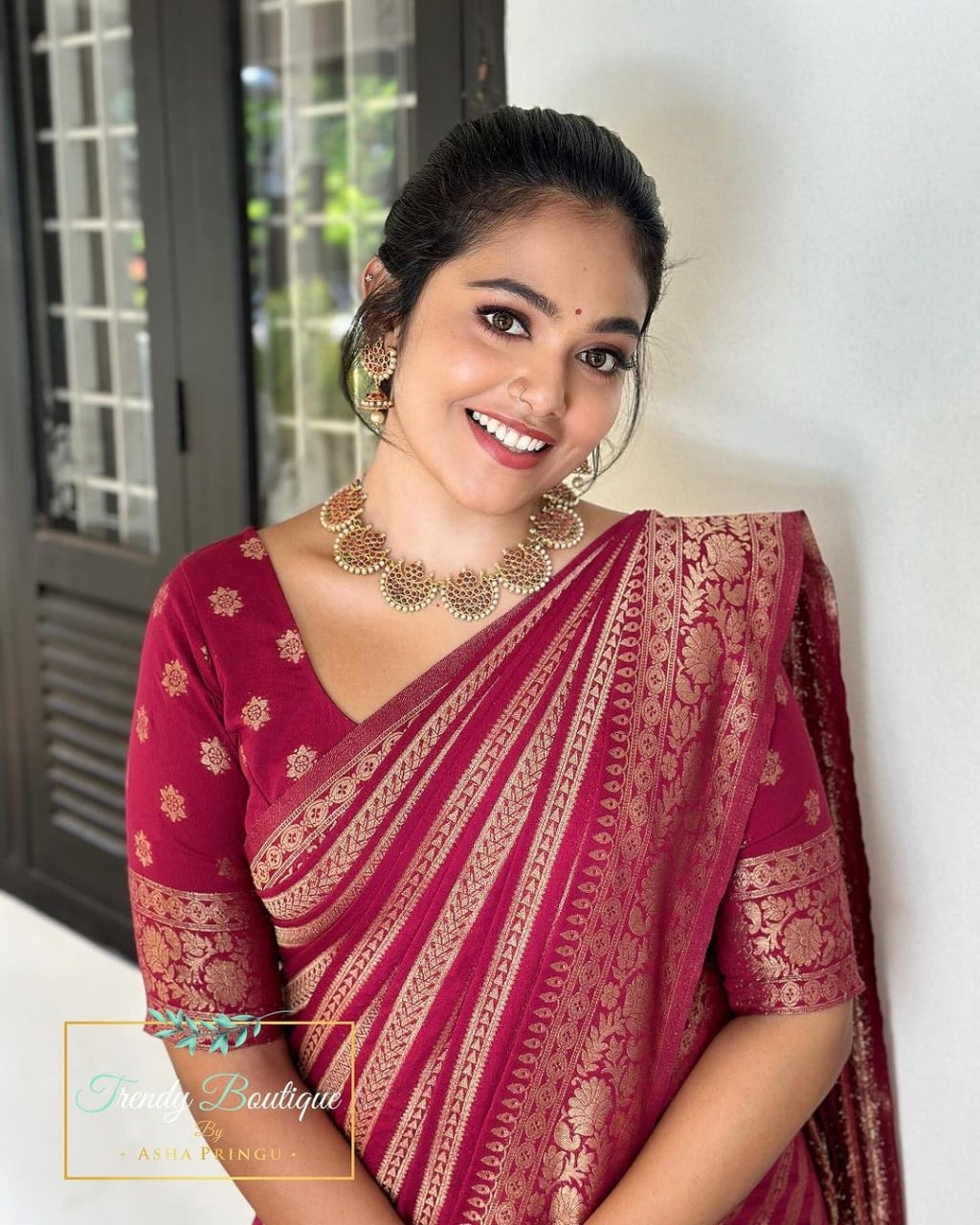 Wine Red Banarasi Silk Saree with Golden Floral Zari Work