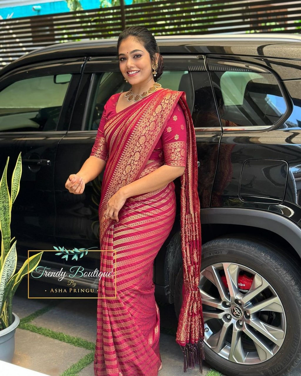 Wine Red Banarasi Silk Saree with Golden Floral Zari Work