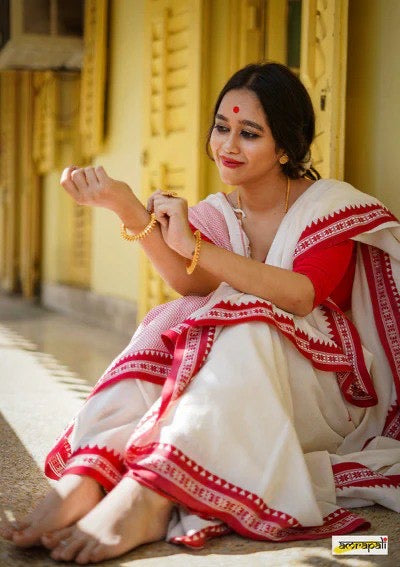 Traditional White & Red Bengali Cotton Saree