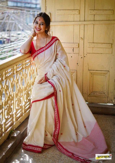 Traditional White & Red Bengali Cotton Saree
