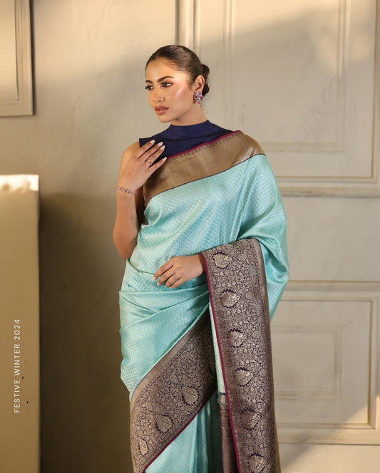 Mint Blue Banarasi Soft Silk Saree