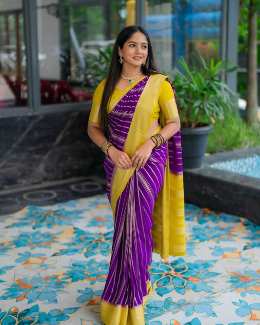 Purple & Yellow Banarasi Soft Silk Saree with Gold Zari Weaving