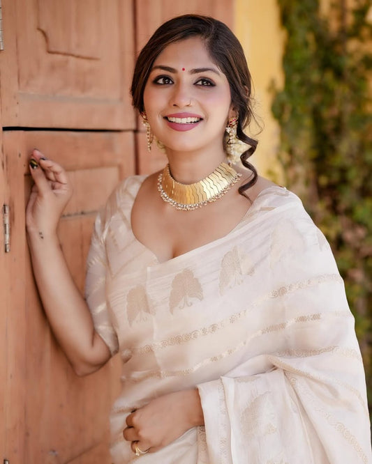 Ivory Gold Banarasi Soft Silk Saree – Grace Edition