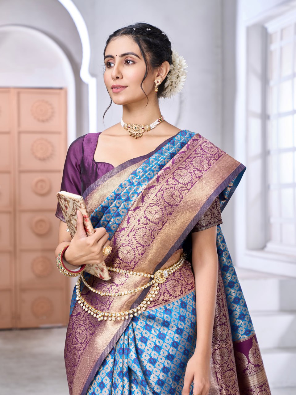 Royal Blue & Wine Banarasi Soft Silk Saree – Zari Weave Elegance