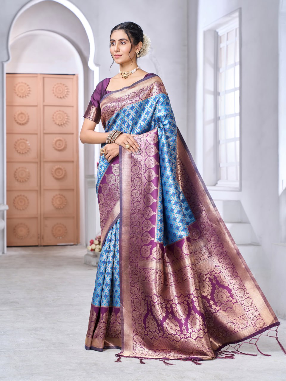 Royal Blue & Wine Banarasi Soft Silk Saree – Zari Weave Elegance
