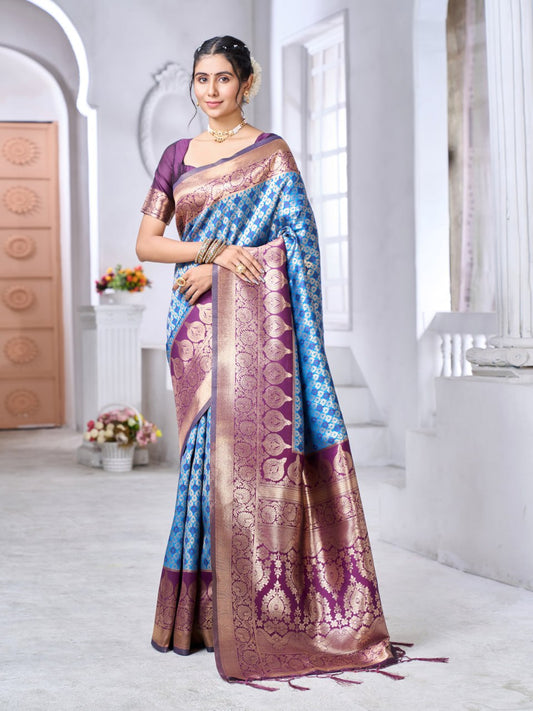 Royal Blue & Wine Banarasi Soft Silk Saree – Zari Weave Elegance