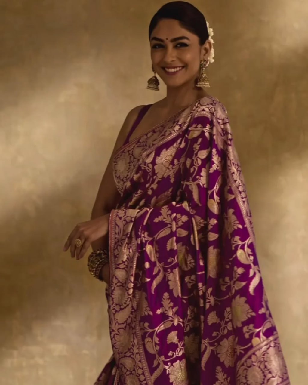 Royal Violet Banarasi Soft Silk Saree with Golden Floral Zari