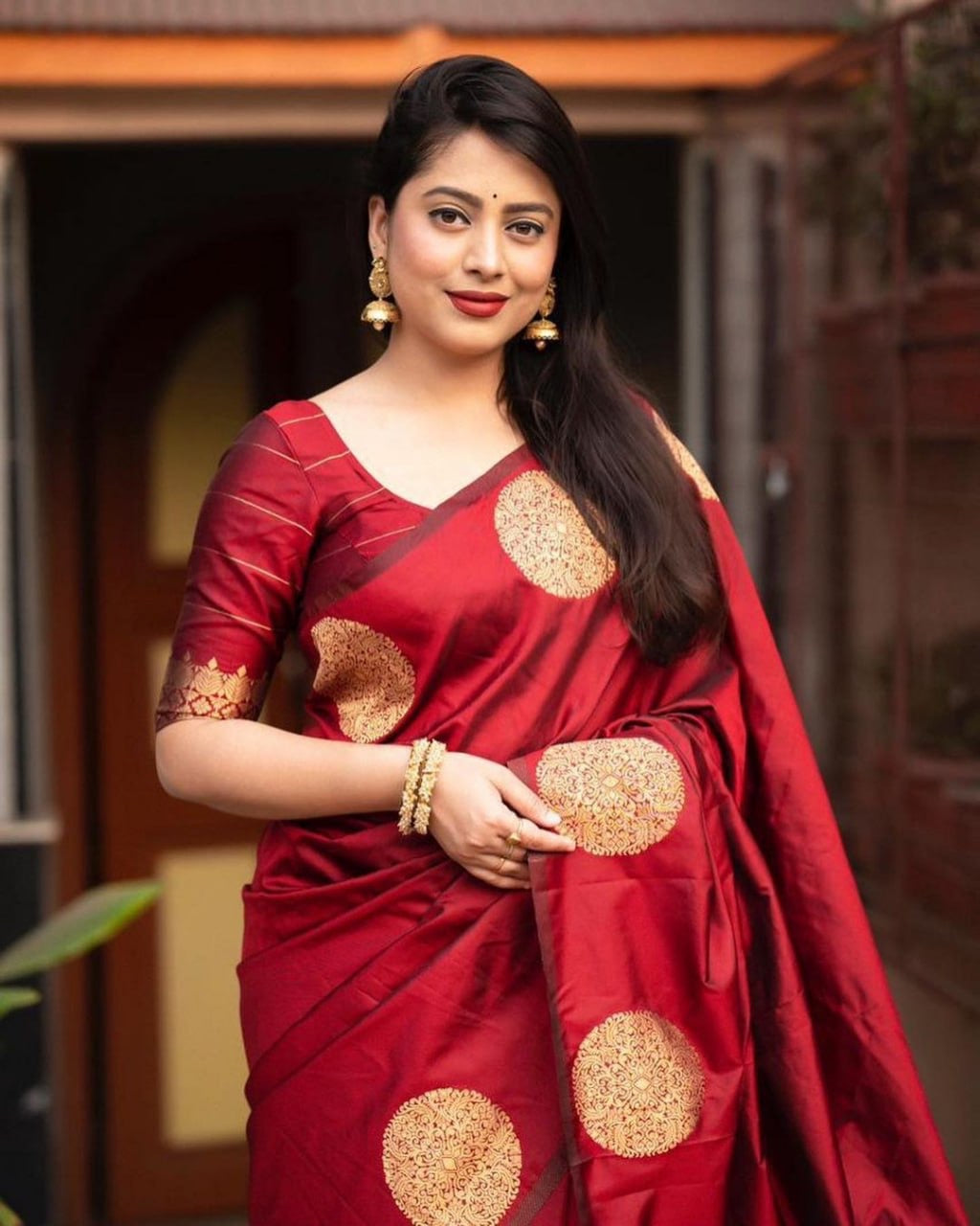 Elegant Festive Banarasi Silk Saree with Gold Polka Zari Motifs
