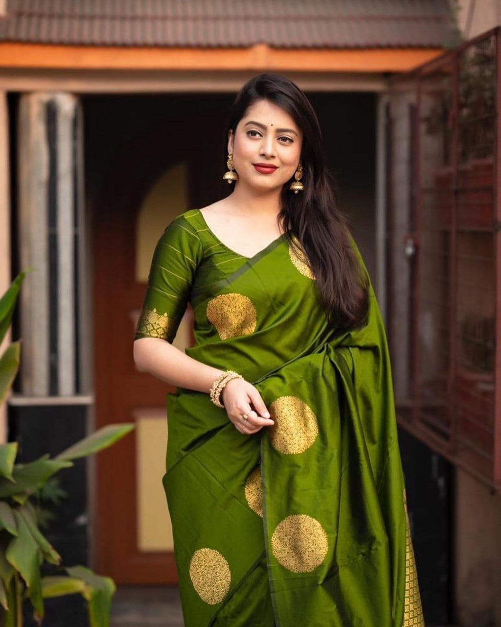 Elegant Festive Banarasi Silk Saree with Gold Polka Zari Motifs