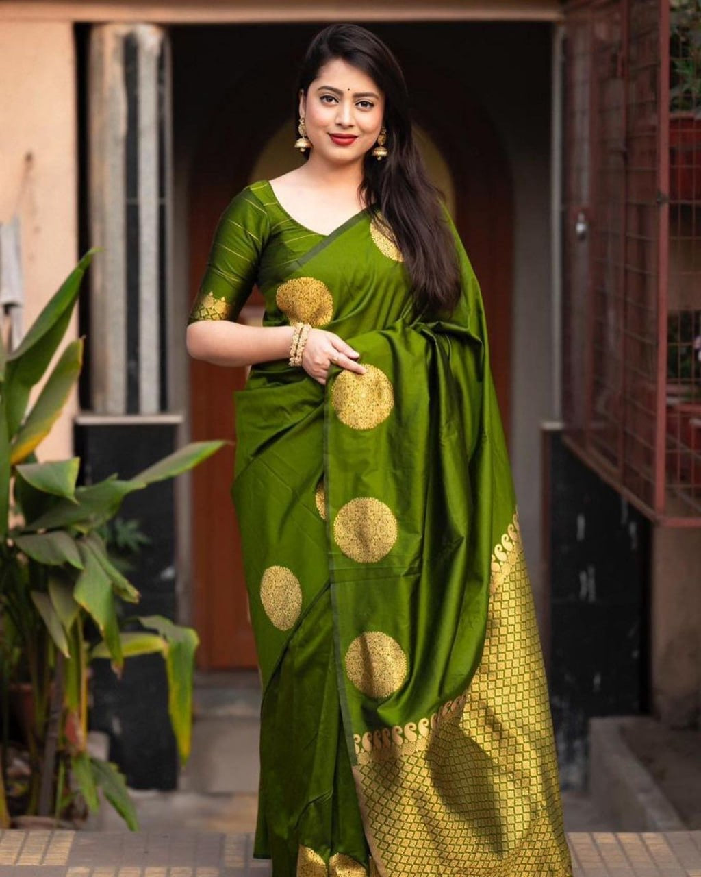 Elegant Festive Banarasi Silk Saree with Gold Polka Zari Motifs