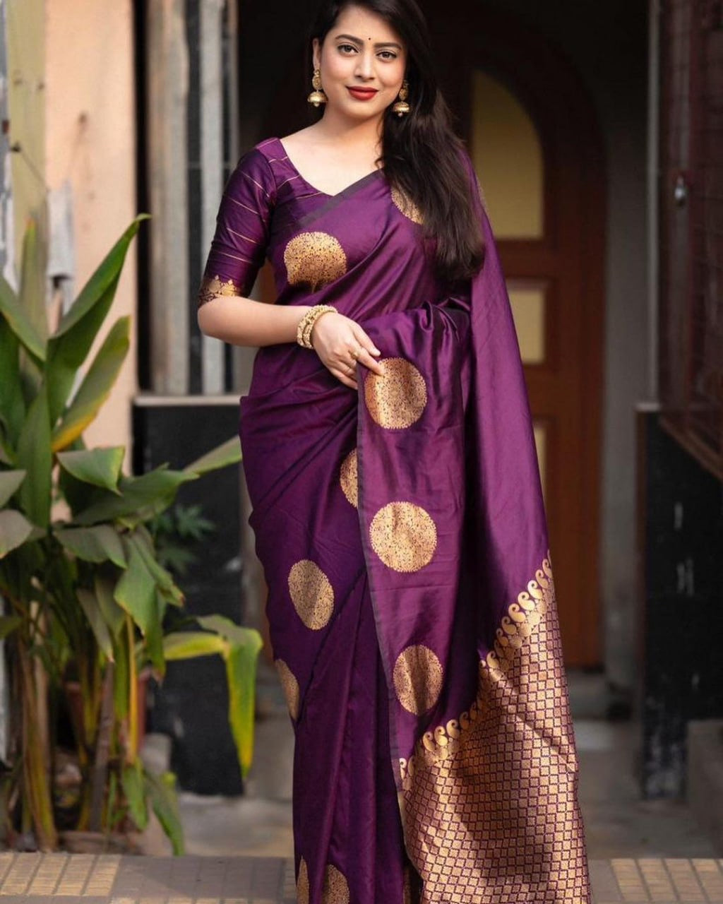 Elegant Festive Banarasi Silk Saree with Gold Polka Zari Motifs
