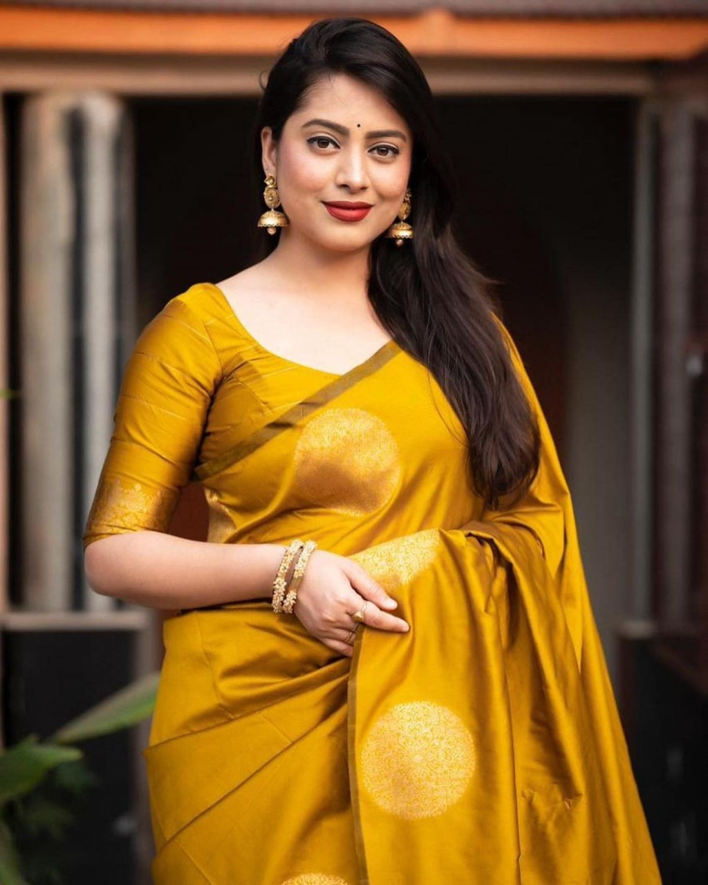 Elegant Festive Banarasi Silk Saree with Gold Polka Zari Motifs