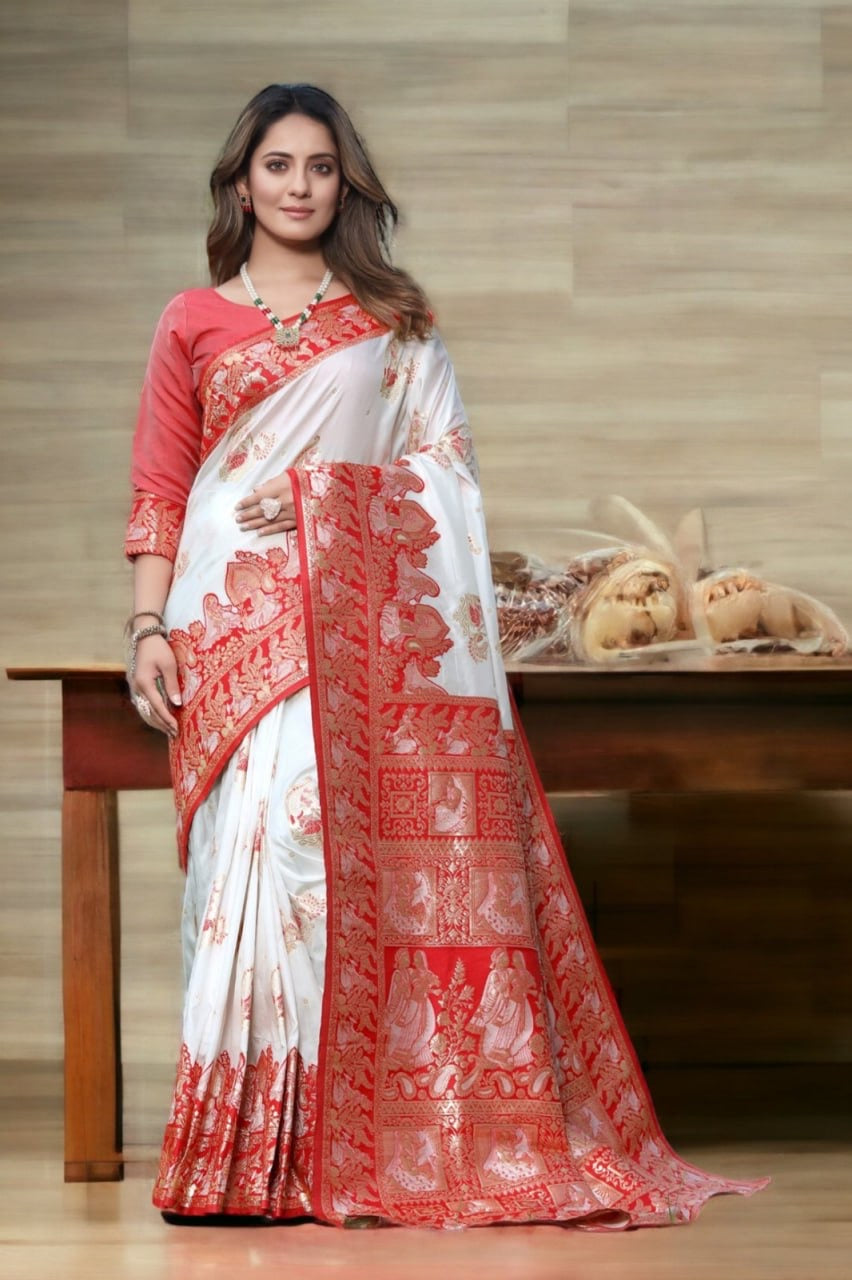 Elegant Ivory-Red Banarasi Silk Saree