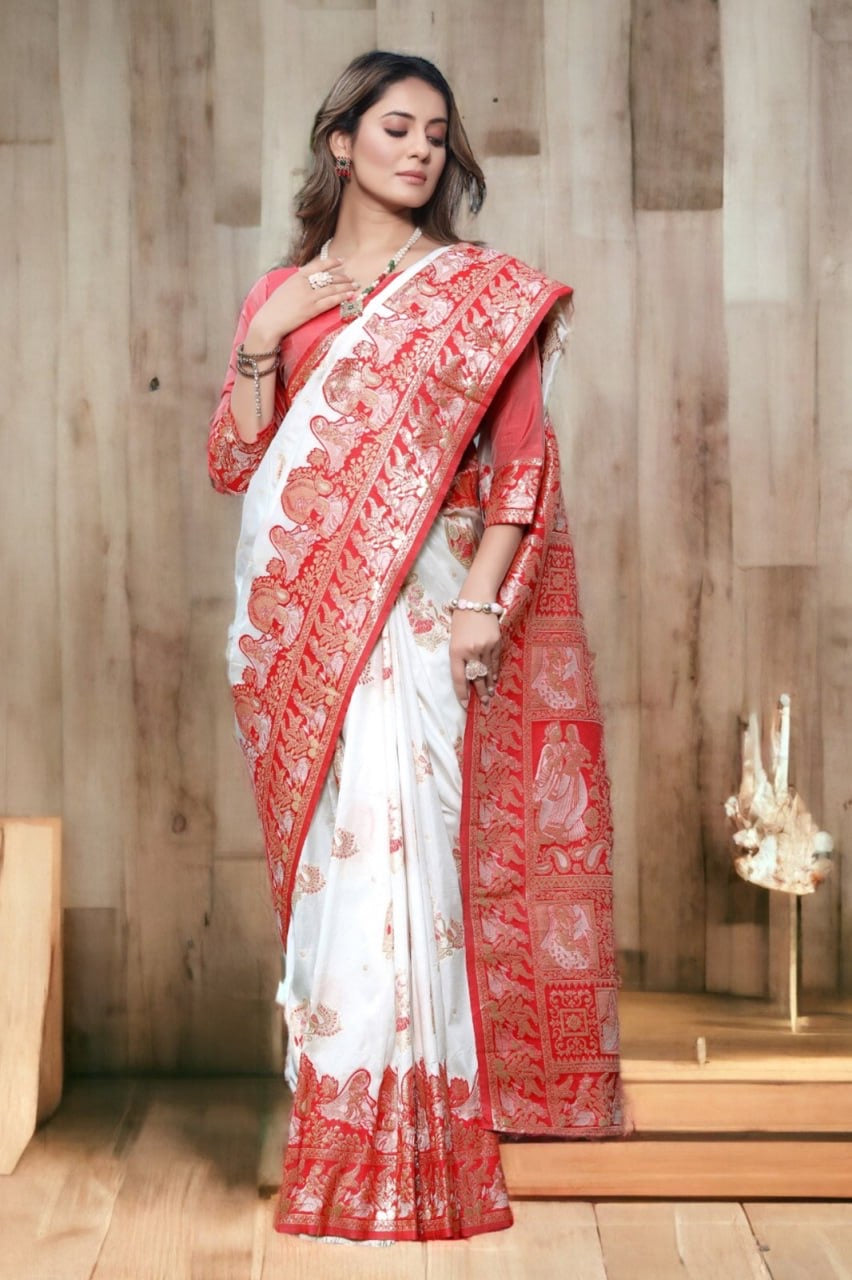 Elegant Ivory-Red Banarasi Silk Saree