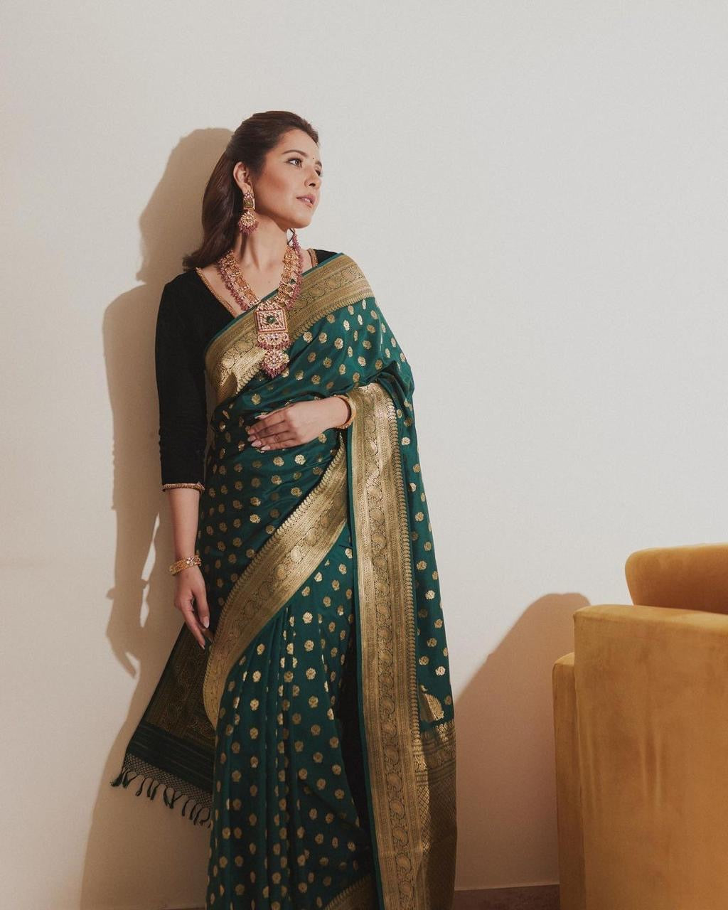Emerald Green Banarasi Silk Saree with Golden Zari Weaving & Rich Border