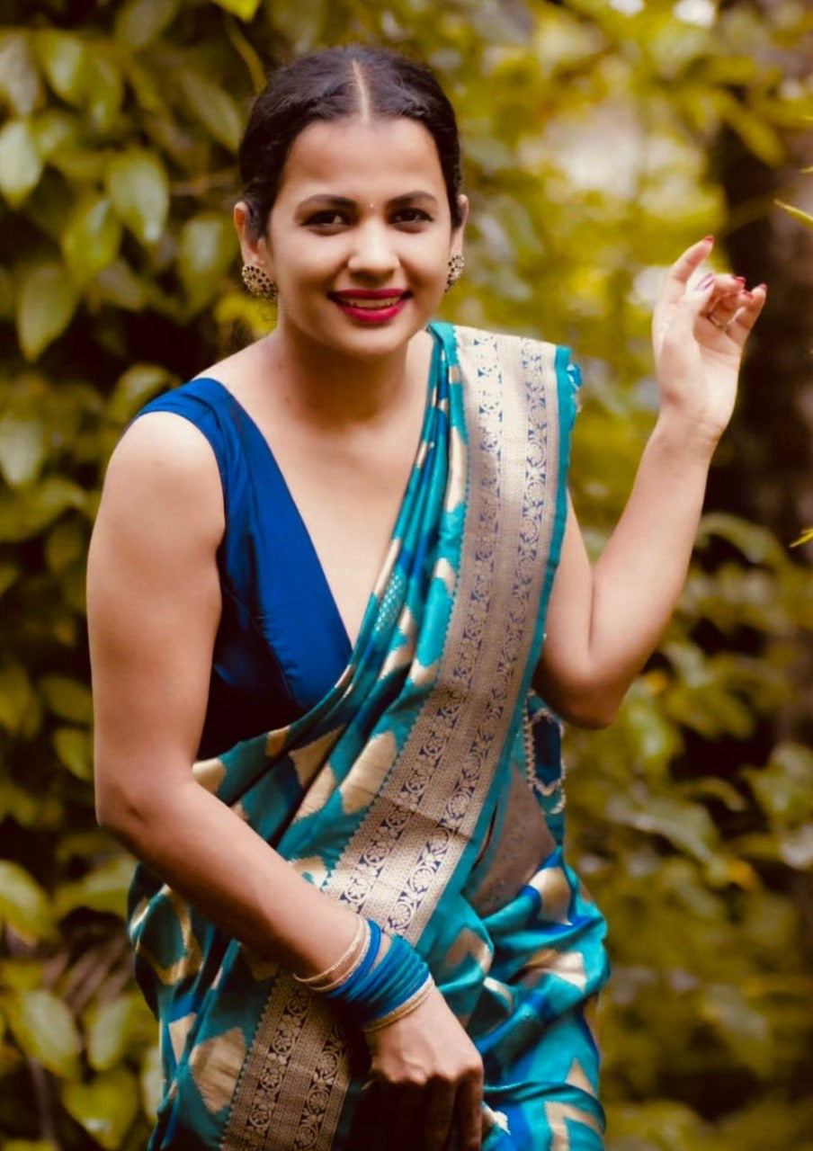 Teal Blue Geometric Pattern Silk Saree with Contrast Golden Zari Border