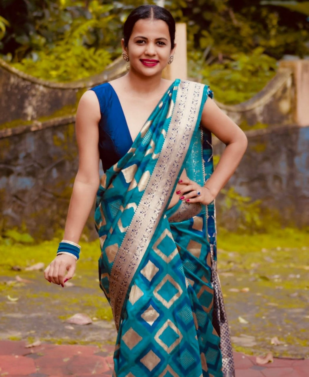 Teal Blue Geometric Pattern Silk Saree with Contrast Golden Zari Border