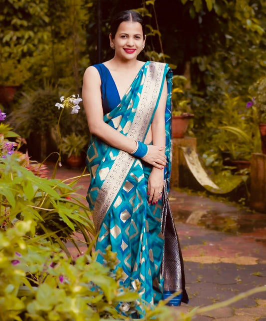 Teal Blue Geometric Pattern Silk Saree with Contrast Golden Zari Border