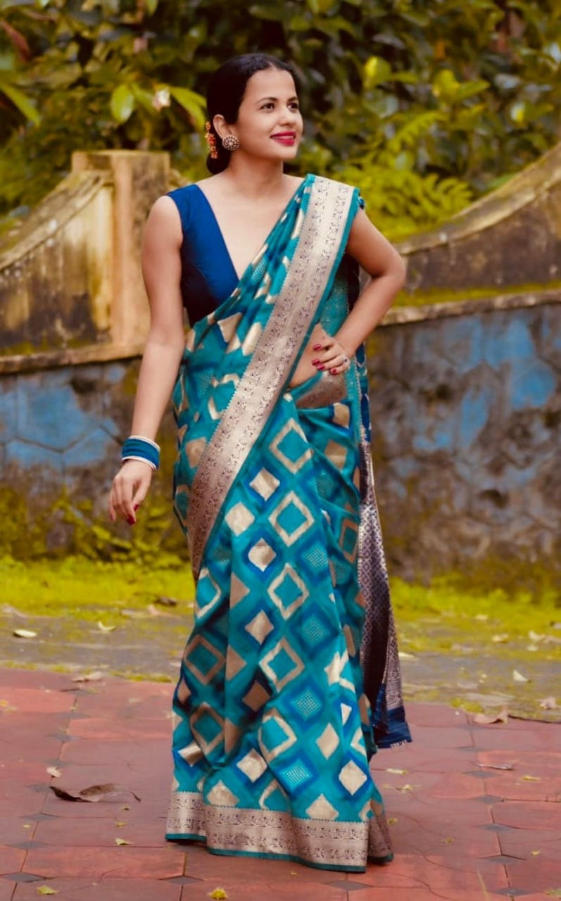 Teal Blue Geometric Pattern Silk Saree with Contrast Golden Zari Border