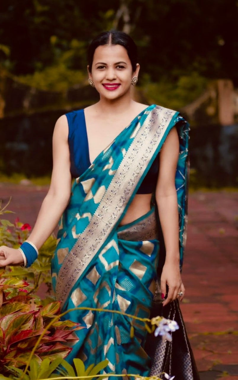 Teal Blue Geometric Pattern Silk Saree with Contrast Golden Zari Border
