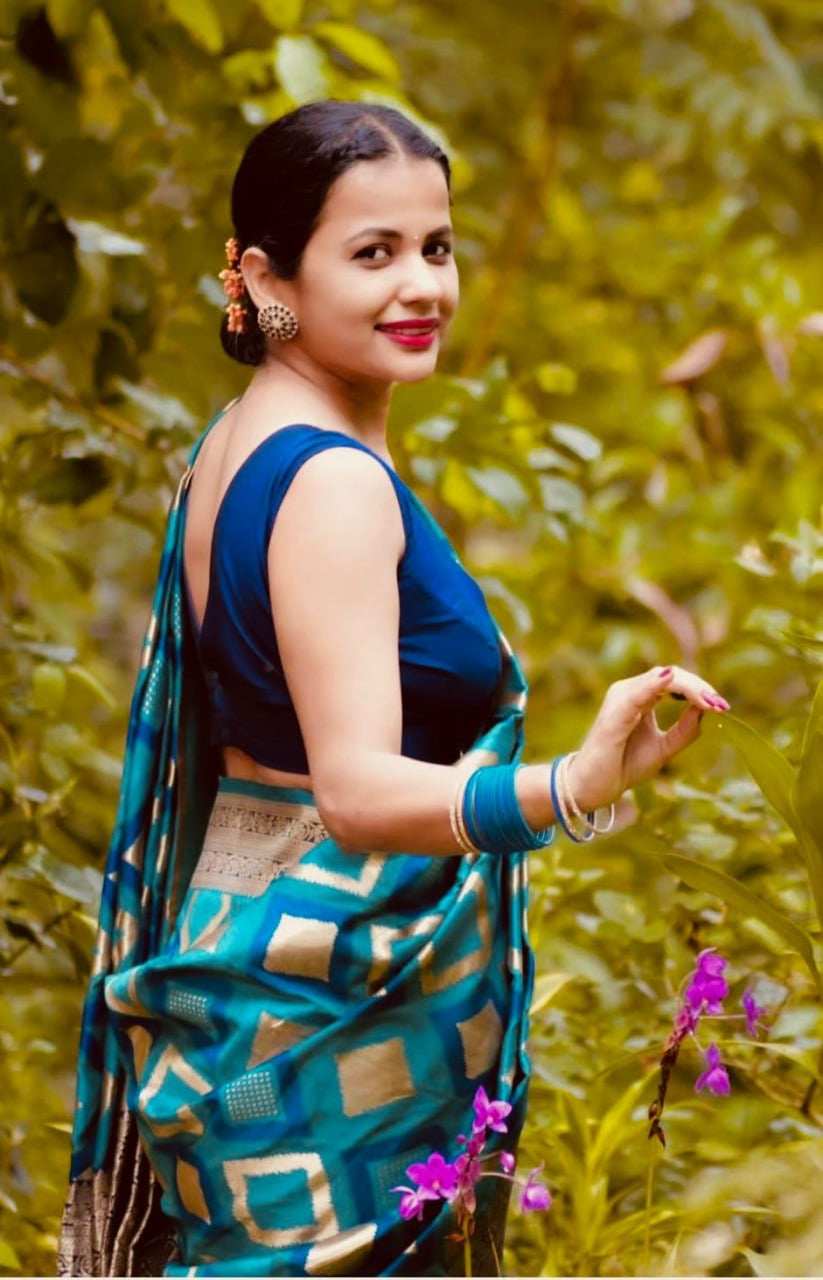 Teal Blue Geometric Pattern Silk Saree with Contrast Golden Zari Border