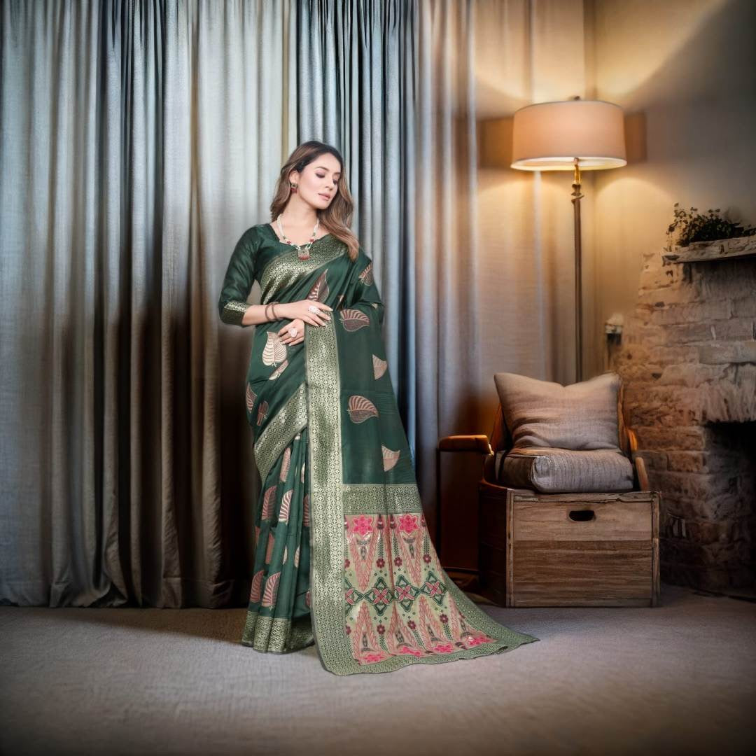 Pattern Silk Saree with Contrast Golden Zari Border