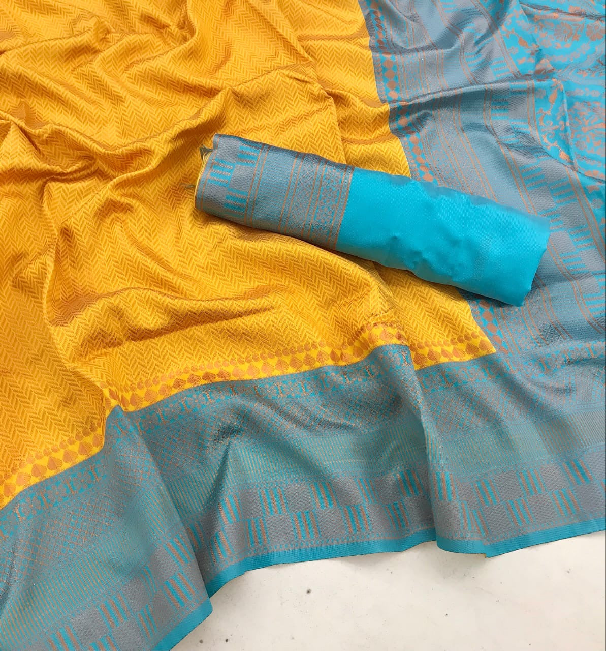Elegant Yellow Silk Saree with Teal & Grey Zari Border – Traditional Festive Wear