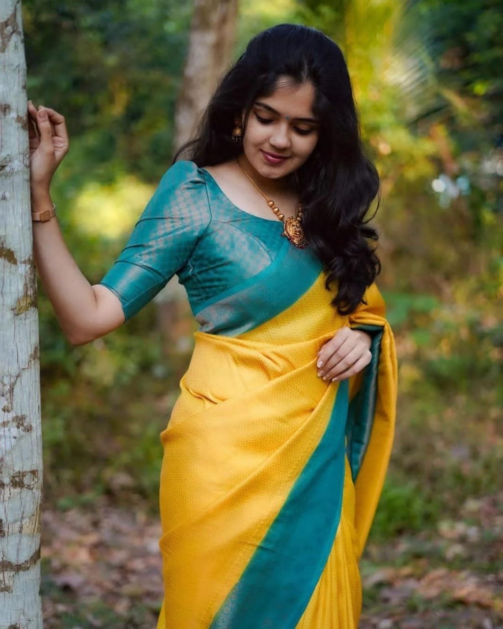Elegant Yellow Silk Saree with Teal & Grey Zari Border – Traditional Festive Wear