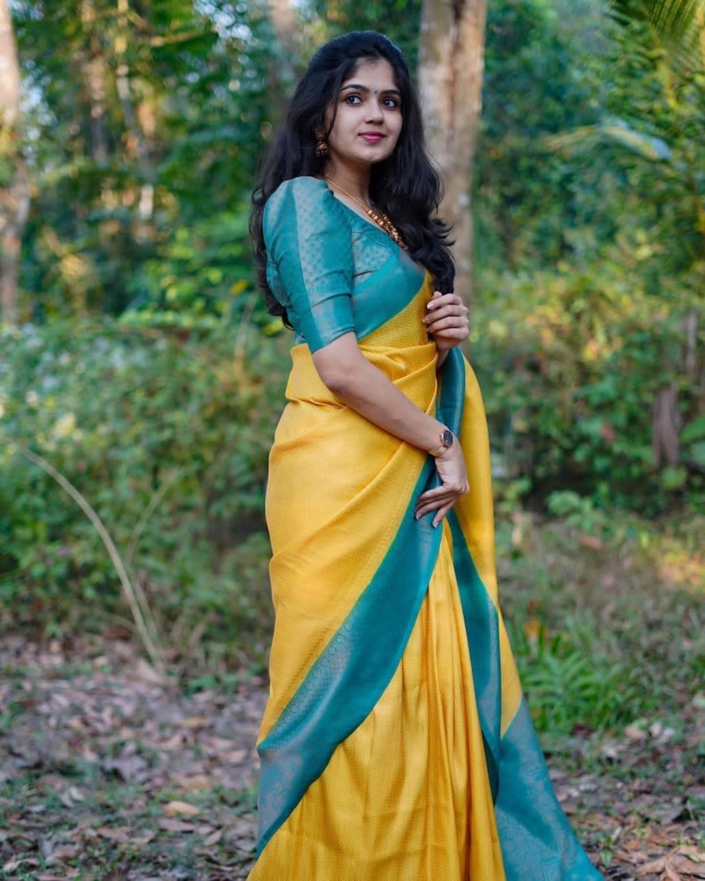 Elegant Yellow Silk Saree with Teal & Grey Zari Border – Traditional Festive Wear