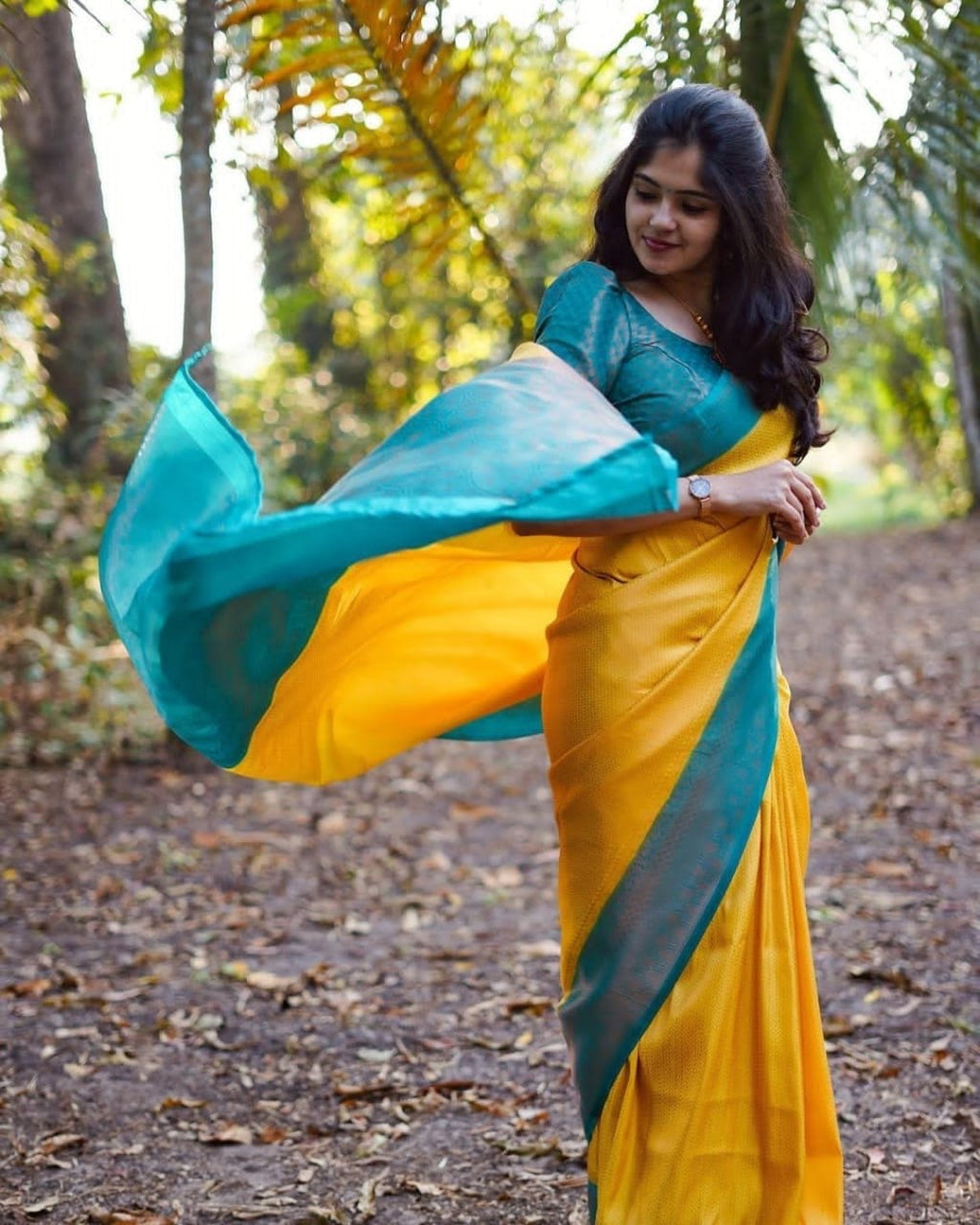 Elegant Yellow Silk Saree with Teal & Grey Zari Border – Traditional Festive Wear