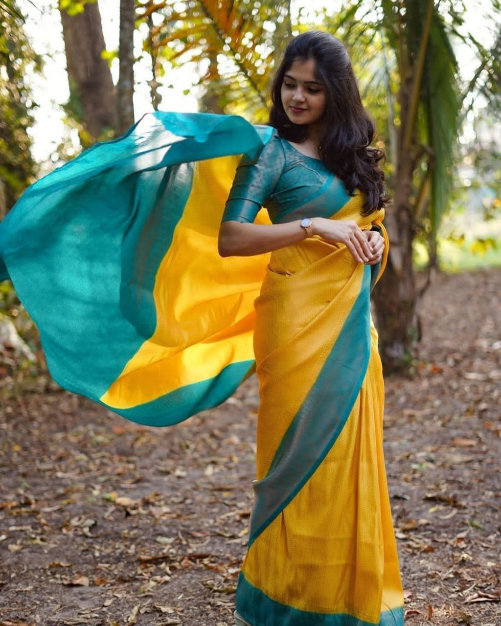 Elegant Yellow Silk Saree with Teal & Grey Zari Border – Traditional Festive Wear